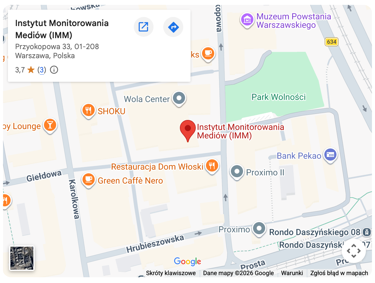Mapa: Instytut Monitorowania Mediów, ul. Przyokopowa 33, Warszawa